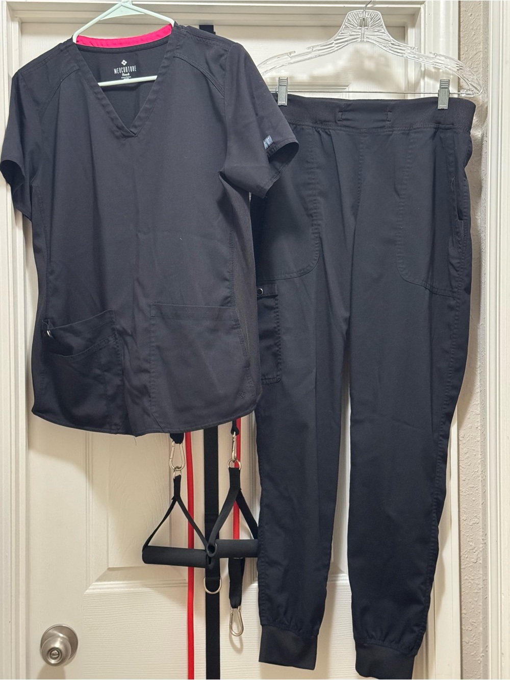 Med Couture Black Jogger Scrub Pants with Pink Trim